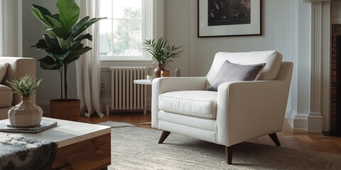 Fototapeta premium Cozy Living Room with White Armchair and Indoor Plants by the Window