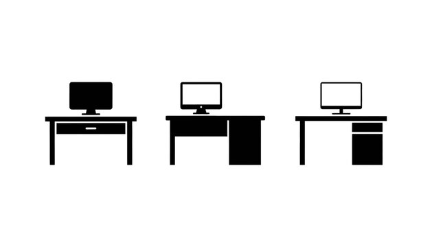 Office desk and computer workstation icon set with different table designs drawer cabinet pc monitor for workplace corporate business layout vector illustration