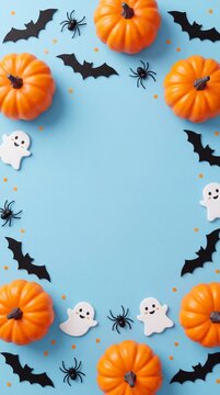 Halloween-themed flat lay with orange pumpkins, black bats, white ghosts, and spiders arranged on a blue background for festive decoration