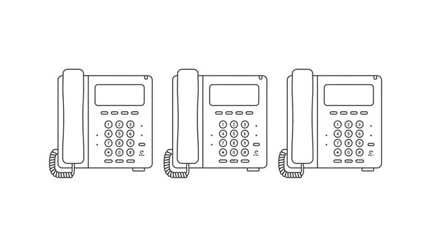 Office desk telephone set with numeric keypad display screen and corded handset for business communication corporate helpline contact center outline vector illustration