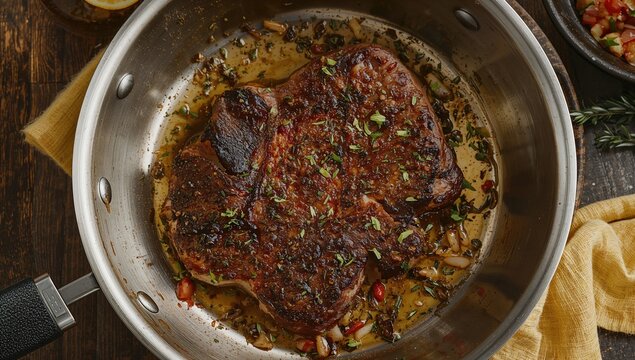 Juicy Grilled Steak Cooking in a Pan with Herbs and Spices
