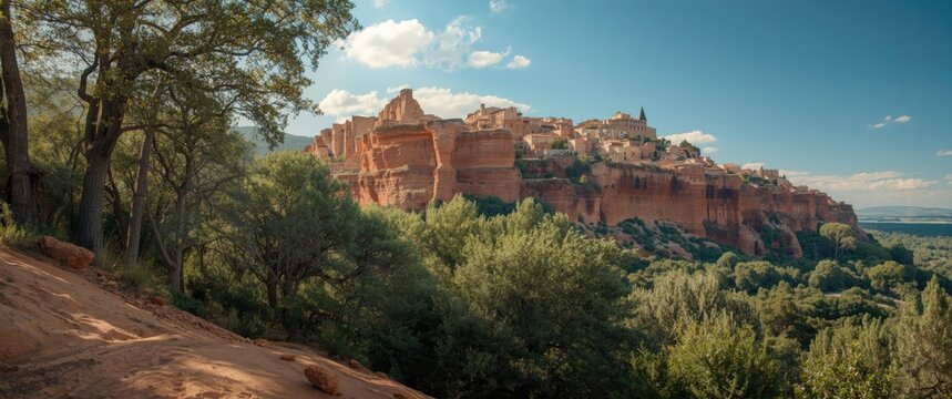Scenic View of a Cliffside Village Surrounded by Lush Greenery on a Clear Day