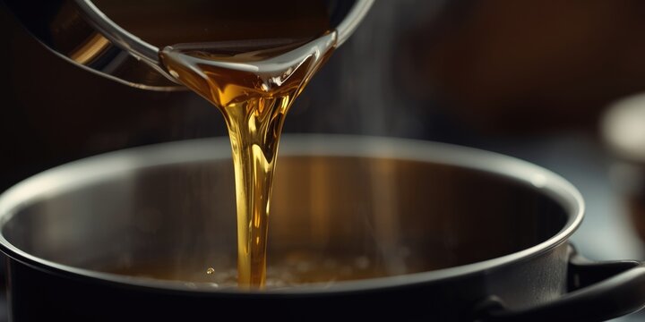 Pouring Golden Syrup into a Saucepan with Steam in a Warm Kitchen Setting