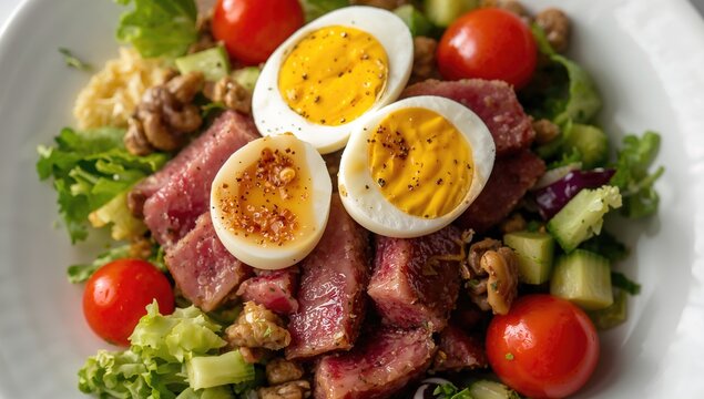 Steak Salad Topped with Soft Boiled Eggs Cherry Tomatoes and Mixed Greens