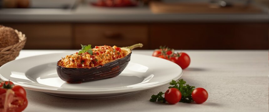 Stuffed Eggplant on White Plate with Cherry Tomatoes and Fresh Herbs in Kitchen Setting