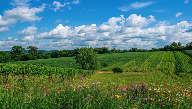 Vibrant Wildflowers in a Lush Green Field Under a Bright Blue Sky with Clouds