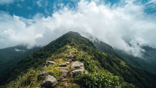 Mountain Trail Winding Up a Green Hill Under Dramatic Cloudy Sky