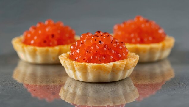 Salmon Roe Tartlets on a Reflective Surface in Gourmet Presentation