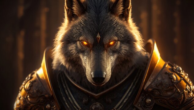 Majestic Wolf Character in Glimmering Armor with Fiery Eyes in a Forest Setting