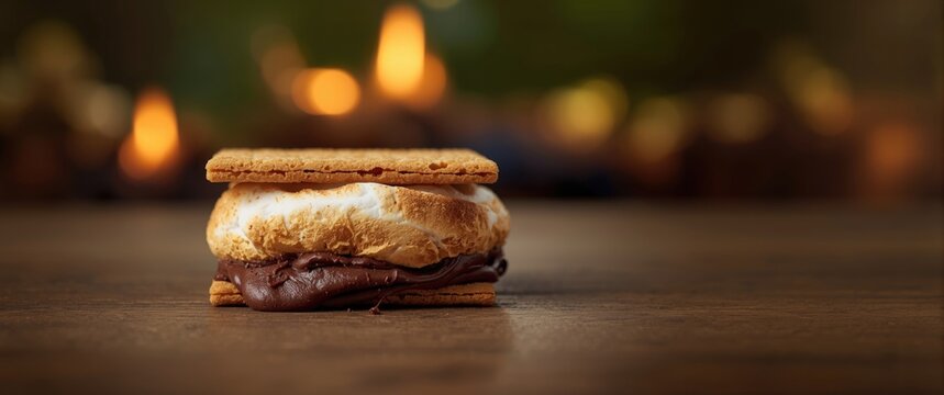 Toasted Marshmallow S'more with Chocolate on a Wooden Table in Soft Warm Light