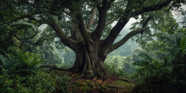 Majestic Ancient Tree in Lush Forest Under Soft Misty Light