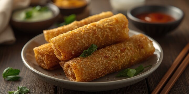Crispy Spring Rolls Served on a Plate with Dipping Sauces and Fresh Herbs