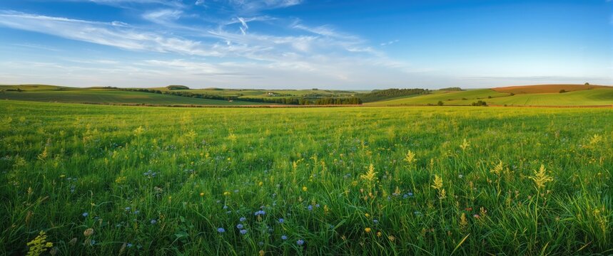 Lush Green Meadow Under a Clear Blue Sky in Early Morning Light