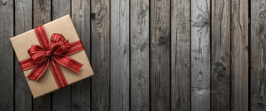 Gift Box Tied with Red Ribbon on Rustic Wooden Background