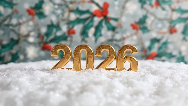 Golden 2026 Number Displayed on Snow with Holiday Background