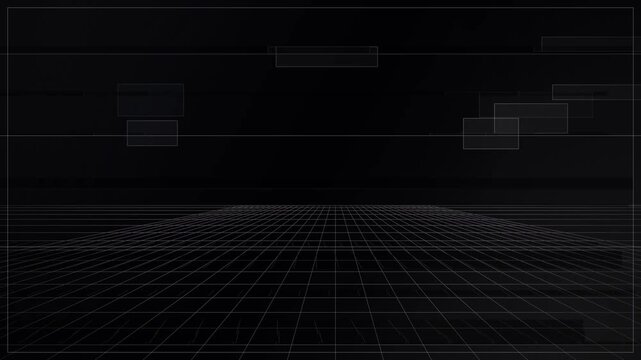 Abstract wireframe grid with floating rectangular outlines flickering in dark digital space