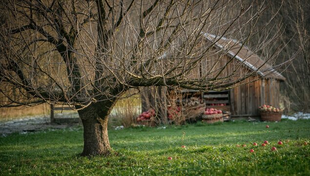 Bare Apple Tree in Autumn Field Near Rustic Barn with Harvested Apples