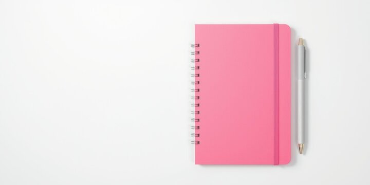Pink Spiral Notebook and Gray Pen on a Minimal White Background