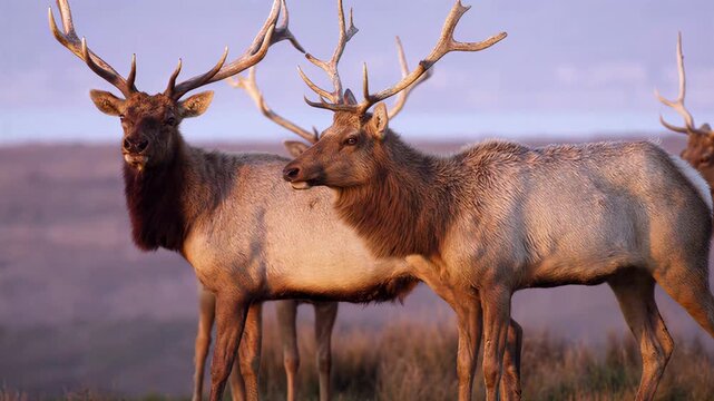 Majestic bull elk with large antlers grazing in a misty meadow at sunrise