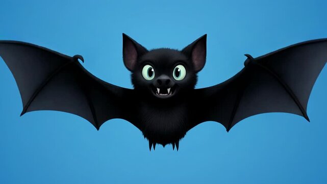 Cute cartoon bat creature with outstretched wings flying against a soft blue background with subtle motion