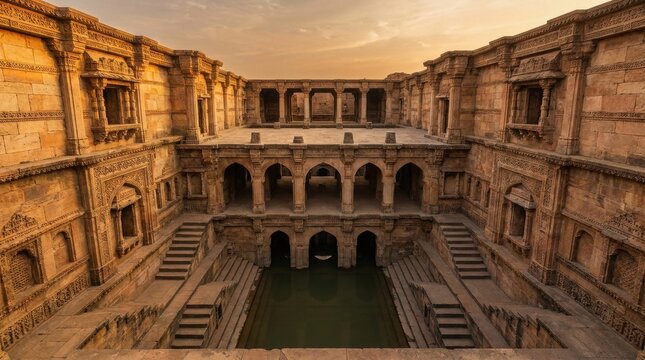 Ancient Stepwell Architecture: A majestic stepwell with intricate carvings and architectural details stands bathed in the warm hues of sunset, showcasing ancient ingenuity and design.