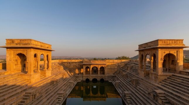 Ancient Stepwell in Rajasthan: A beautifully preserved ancient stepwell in Rajasthan, India, bathed in the warm golden light of the late afternoon sun.