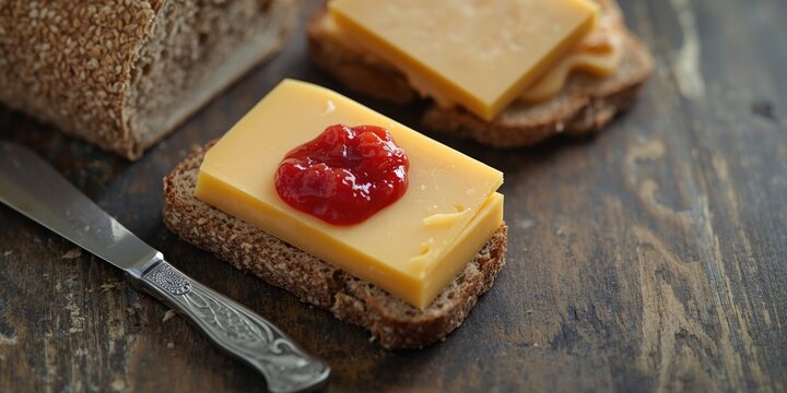 Cheddar Cheese Slices with Red Jam on Whole Grain Bread Slice on Wooden Table