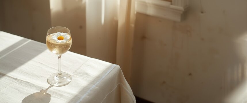 Chilled Cocktail with Daisy Flower Decoration on Table in Soft Natural Light