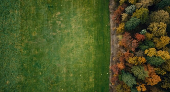 Aerial View of a Green Field Meeting a Colorful Autumn Forest