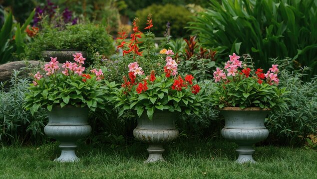 Colorful Flower Pots Displayed in a Garden Setting with Lush Greenery