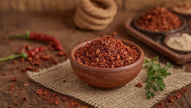 Ground Red Chili Powder in a Ceramic Bowl on a Rustic Wooden Table