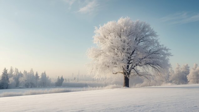 Frosty Tree in a Winter Landscape Under Clear Blue Sky