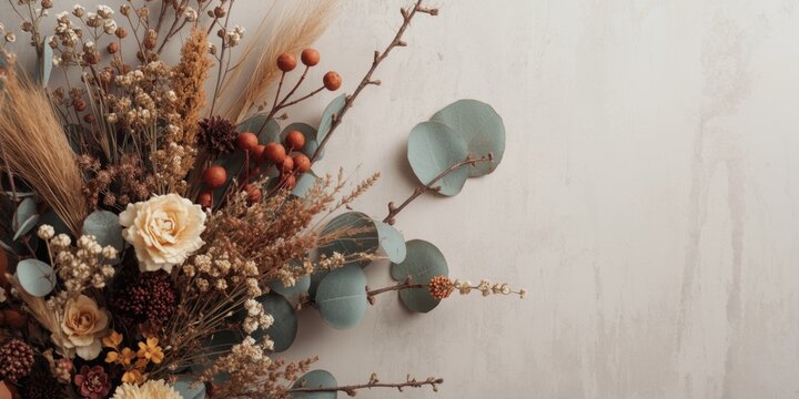 Dried Floral Arrangement with Eucalyptus and Rustic Accents on Neutral Background