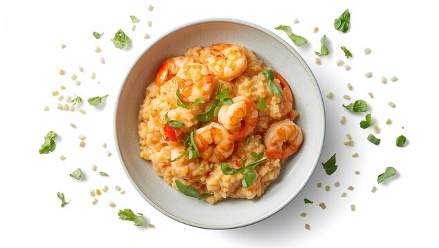 Shrimp Risotto in a Bowl Topped with Fresh Herbs on a White Background