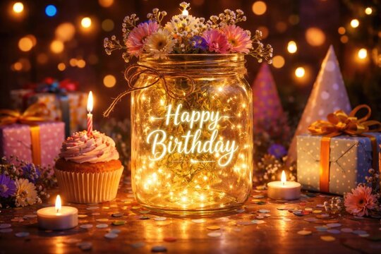Birthday Celebration Scene with Festive Decor and Illuminated Jar in Warm Light