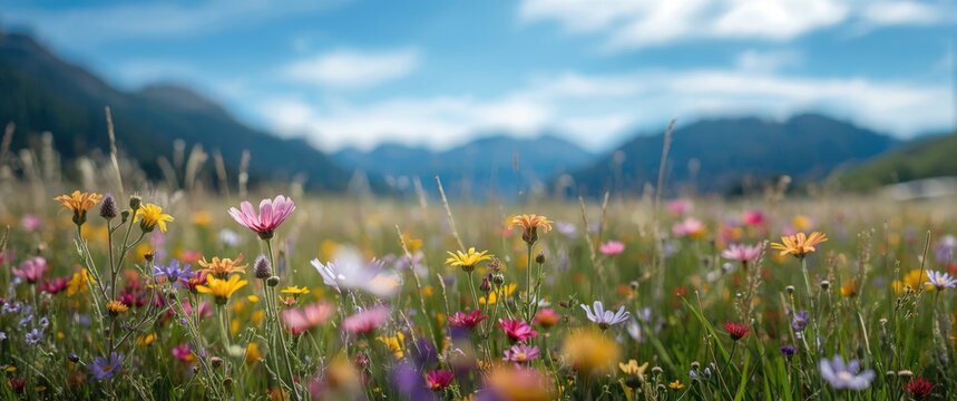 Colorful Wildflowers Blooming in a Mountain Meadow Under a Blue Sky