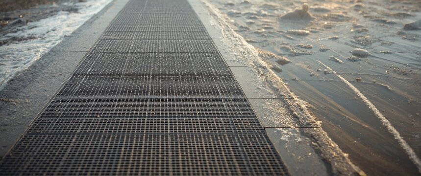 Walkway Beside Shoreline with Water Waves and Foam at Sunrise