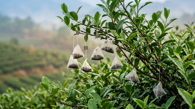 Tea Bags Hanging from Tea Plant Branches