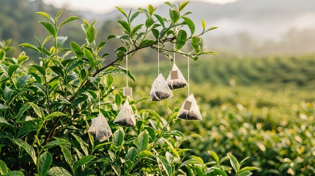 Tea Bags Hanging from Tea Plant Branches