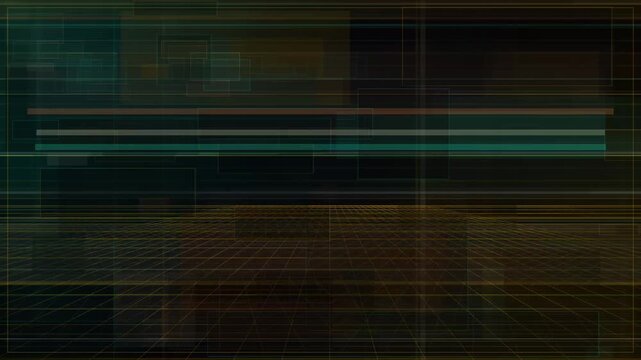 Abstract translucent rectangles rearrange above a glowing perspective grid with layered lines