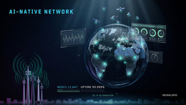 Ai-native network concept displaying glowing communication towers and planet earth data dashboard with communication technology intelligence