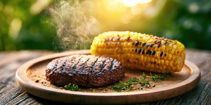 Grilled hamburger patty and corn on the cob served on a wooden plate outdoors