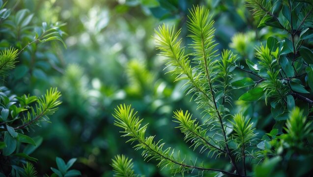 Lush Green Foliage with Soft Natural Light in a Forest Setting