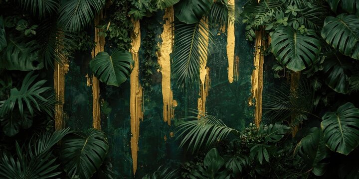 Lush Green Tropical Leaves with Golden Accents on Dark Background