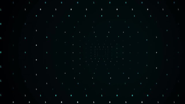 Binary digits forming a glowing digital tunnel on black background with changing data pattern