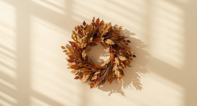 Dried Leaf Wreath Hanging on a Wall with Shadow Play in Warm Light