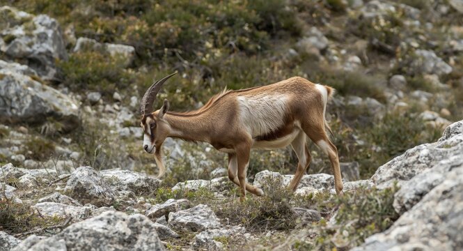 Wild Goat Walking Among Rocky Terrain in Natural Habitat