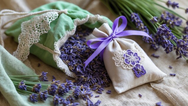 Lavender Sachets with Dried Flowers on Natural Fabric Background