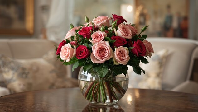 Roses Bouquet in a Glass Vase on a Wooden Table with Soft Lighting