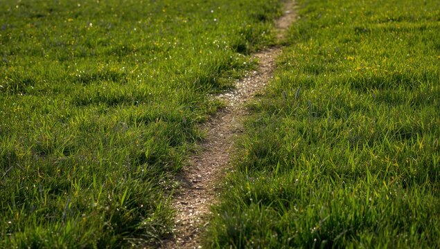 Dirt Path Cutting Through Lush Green Grass in Natural Light